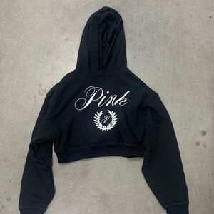 Cropped PINK Victoria's Secret Black Hoodie with White Script XS